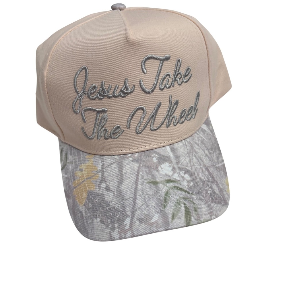 Trucker Hat OS Tan Snow Camo Jesus Take The Wheel Embroidered Snapback Cap